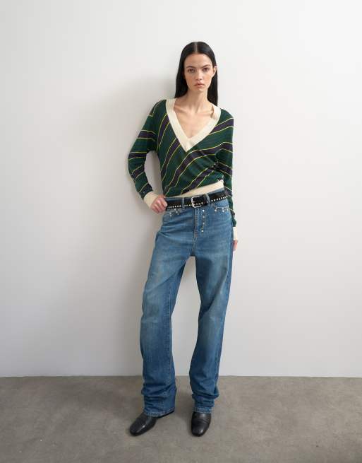 Topshop x Talia Byre pull col V en laine mérinos semi-transparent à rayures vertes, 2 de 6