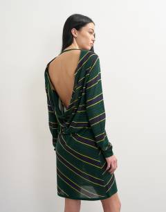 Model wearing Topshop x Talia Byre semi sheer merino wool cowl back dress in green stripe