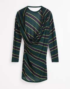 Model wearing Topshop x Talia Byre semi sheer merino wool cowl back dress in green stripe