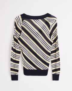 Model wearing Topshop x Talia Byre semi sheer merino wool v neck jumper in ecru stripe