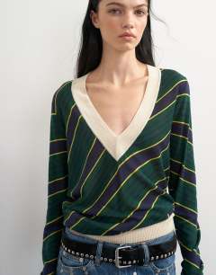 Model wearing Topshop x Talia Byre semi sheer merino wool v neck jumper in green stripe