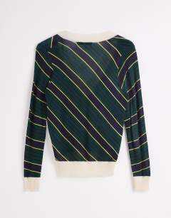 Model wearing Topshop x Talia Byre semi sheer merino wool v neck jumper in green stripe