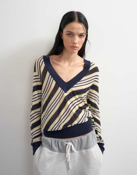 Topshop x Talia Byre semi sheer merino wool v-neck sweater in ecru stripes - view 1