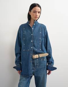 Topshop x Talia Byre wide placket studded shirt in washed blue