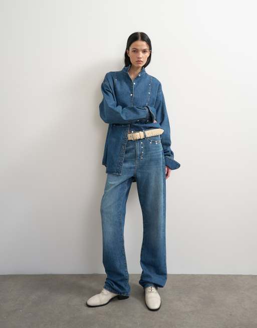 Topshop x Talia Byre wide placket studded shirt in washed blue, 4 of 7