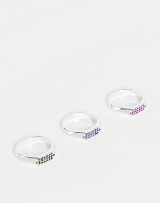 Topshop x3 multipack pastel pave rings in silver