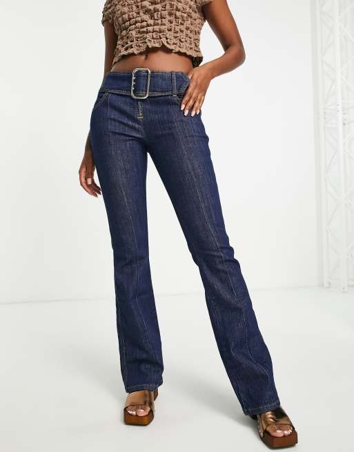 Y2K Belted Low Rise Flare Jeans - Medium Blue Wash