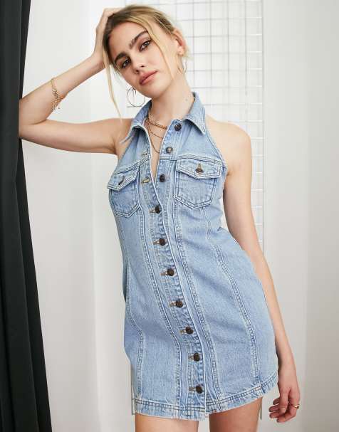 Topshop Y2K halter button up collar denim dress in mid blue - view 1