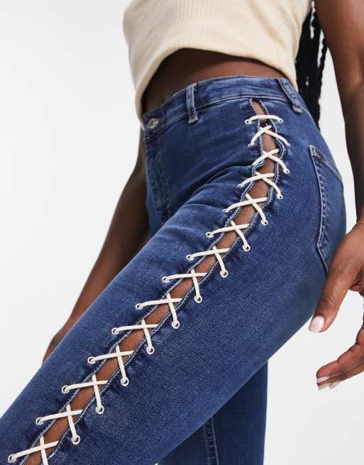 Topshop Y2K lace up Jamie Flare jeans in indigo