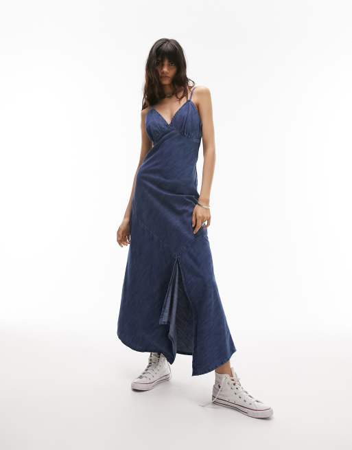 Topshop - Y2K - Skråtskåret midi-denimkjole i blå denim i bomuldsblanding