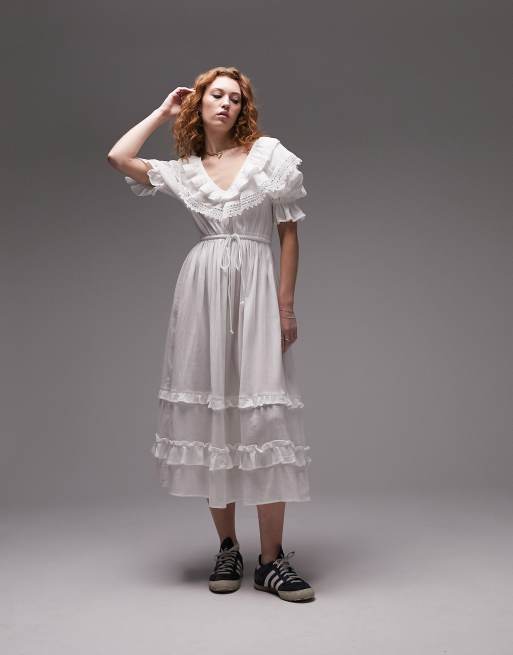 Asos design button through tiered midi broderie clearance dress