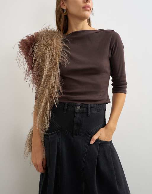 Topshop yoke geplooide maxirok in gewassen zwart, 3 van 5