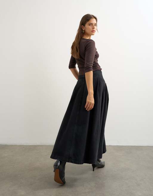 Topshop yoke geplooide maxirok in gewassen zwart, 5 van 5