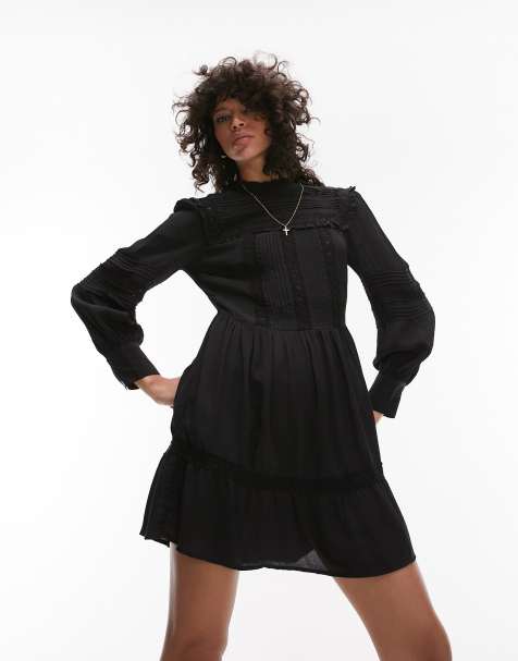 Topshop yoke lace pintuck mini dress in black - view 1
