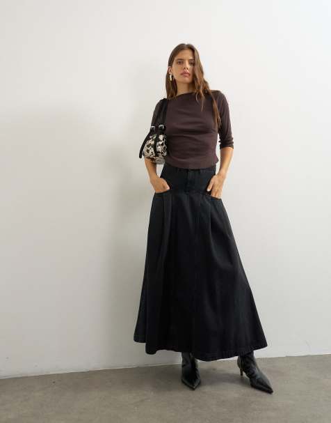 Topshop Yoke pleated maxi skirt in washed black - view 1