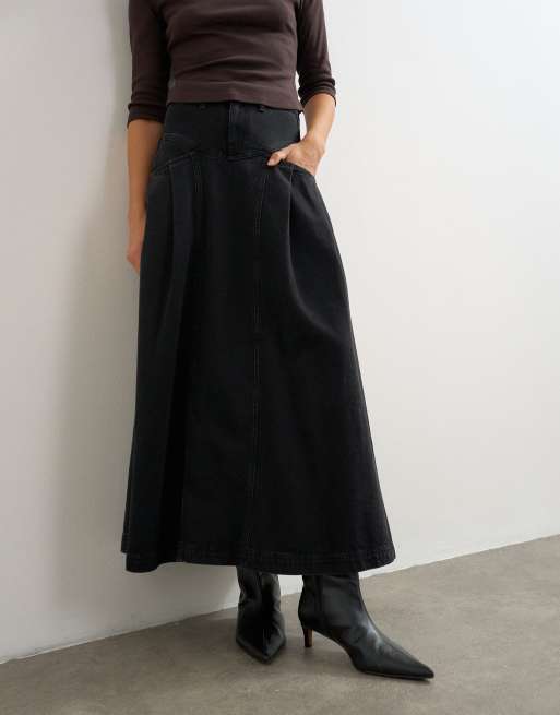 Topshop Yoke pleated maxi skirt in washed black, 2 of 5