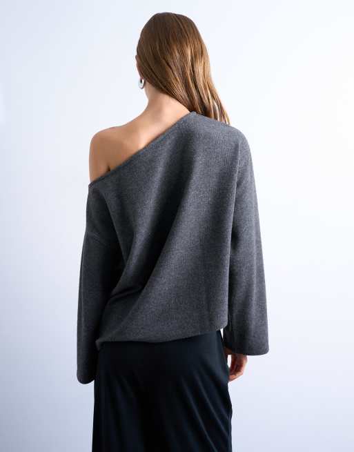 Topshop - Zachte asymmetrische top met blote schouder in gemêleerd grijs, 3 van 4