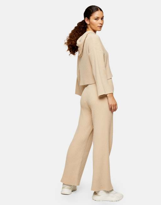Topshop - Zachte geribbelde broek met wijde pijpen in beige, 2 van 4