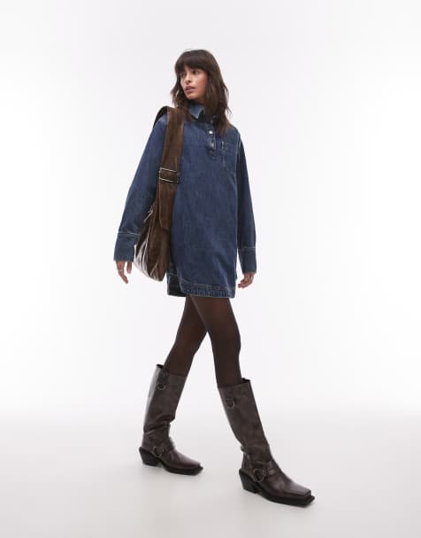 Topshop – Zakładana przez głowę niebieska jeansowa sukienka z długim rękawem - view 1