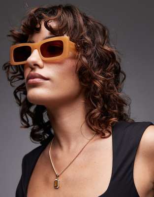 Topshop - Zanzibar - Hochwertige, rechteckige Sonnenbrille aus Acetat in Karamell-Braun
