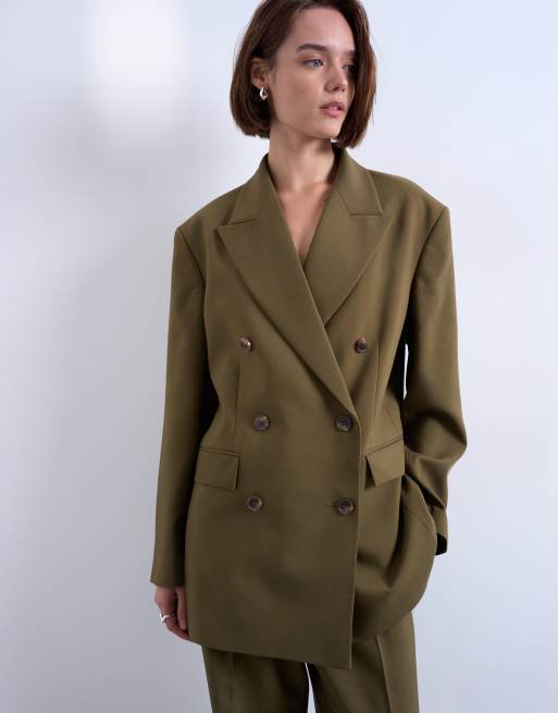 Topshop – Zapinana na 6 guzików dwurzędowa marynarka smokingowa w kolorze khaki