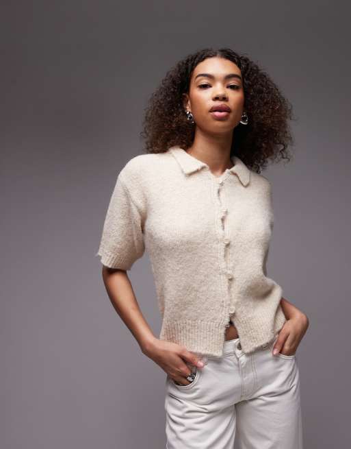 Topshop – Zapinana na guziki krótka dzianinowa koszula z materiału z dodatkiem wełny w kolorze ecru