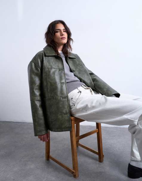 Topshop – Zapinana na guziki ocieplana zielona kurtka koszulowa z imitacji skóry z kołnierzem - view 1