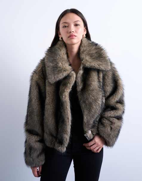 Topshop faux fur zip thru bomber jacket in natural