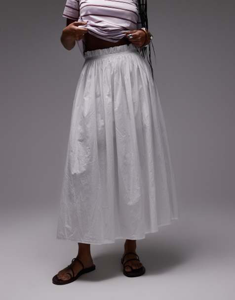 Topshop side zip crinkle cotton laundered full skirt in ivory