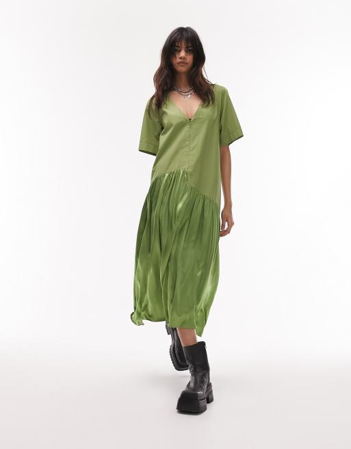 Topshop – Zapinana z przodu na zamek sukienka midi z popeliny i satyny w kolorze khaki