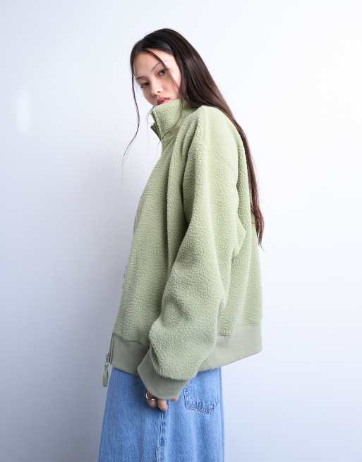 Topshop – Zapinany na suwak zielony kardigan z kożuszka z golfem