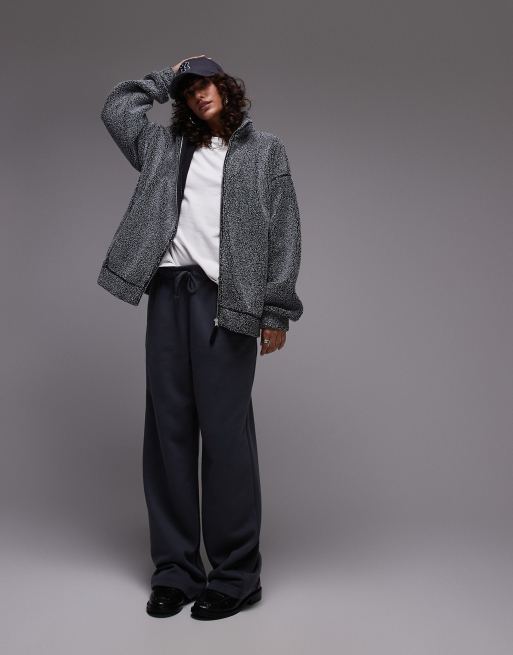 Topshop – Zapinany na zamek polar ze sztucznego kożuszka z wysokim kołnierzem w kolorze soli z pieprzem