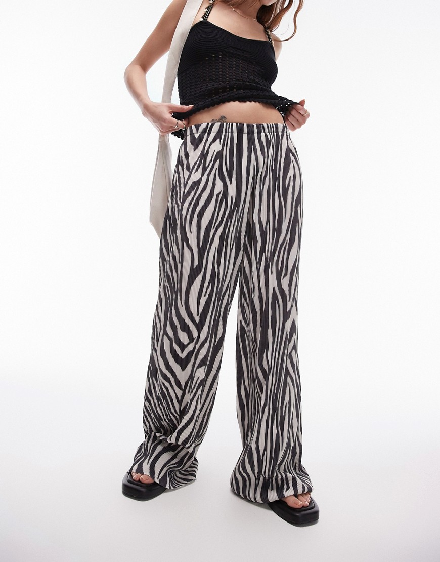 Topshop zebra crinkle plisse wide leg trouser in mono-Black