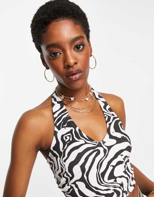 Topshop zebra halter Crop Top in mono, 3 of 4