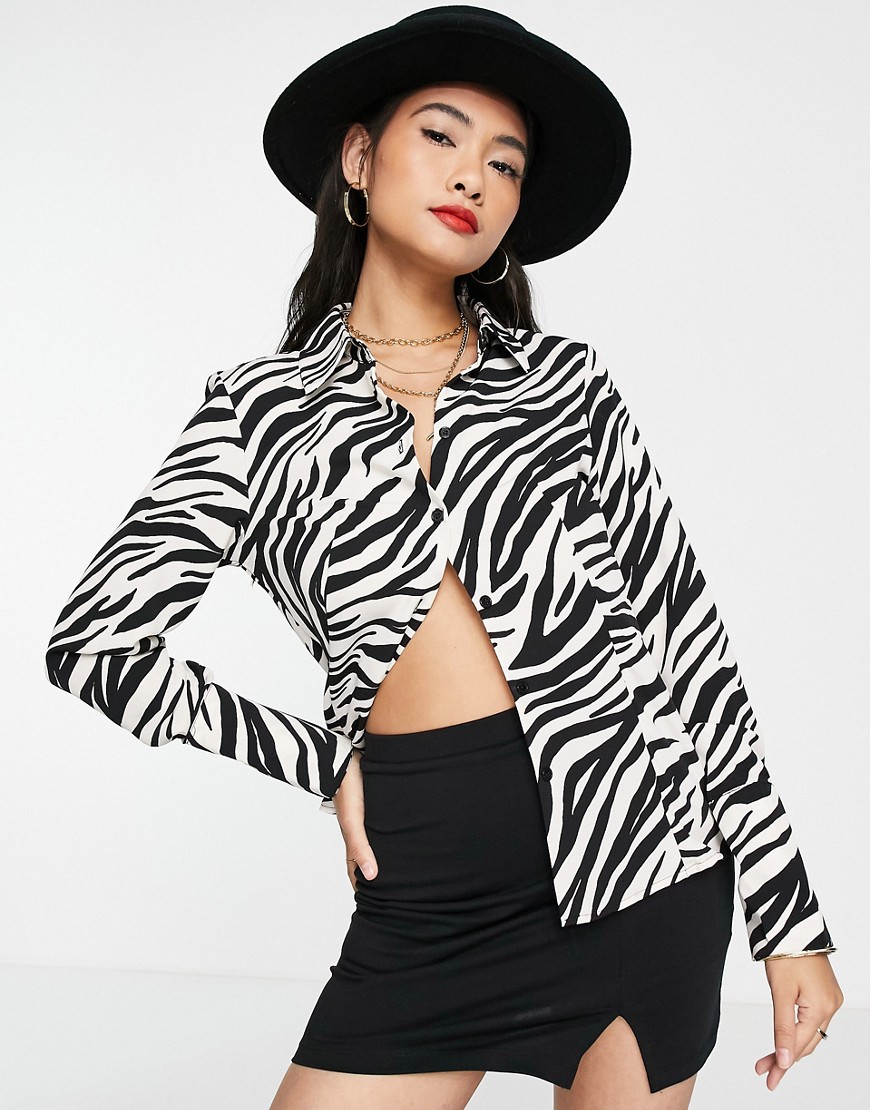 Topshop zebra print fitted shirt in monochrome-Black