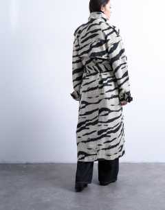 Model wearing Zebra print funnel neck trench coat in black