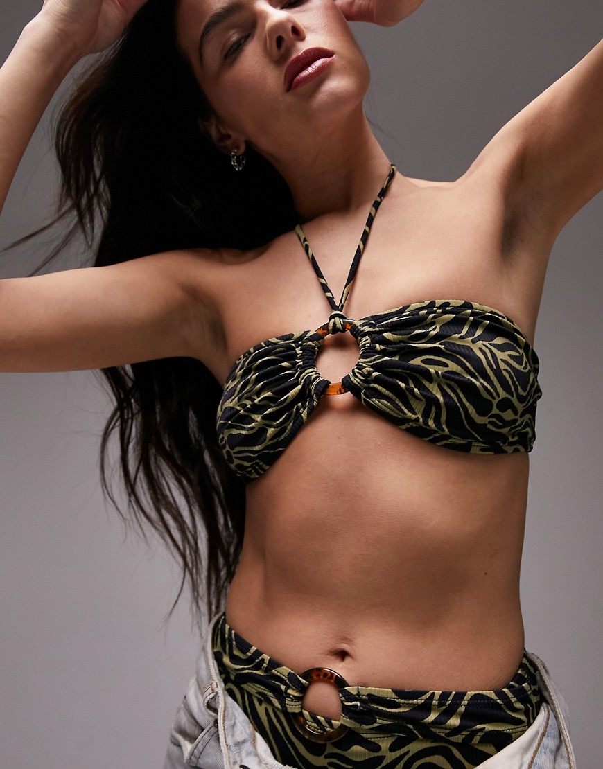 Topshop zebra print halterneck bandeau ring detail bikini top in khaki-Multi
