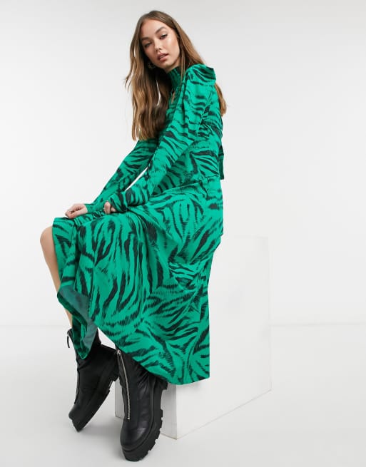 Topshop zebra print key hole detail midi dress in green