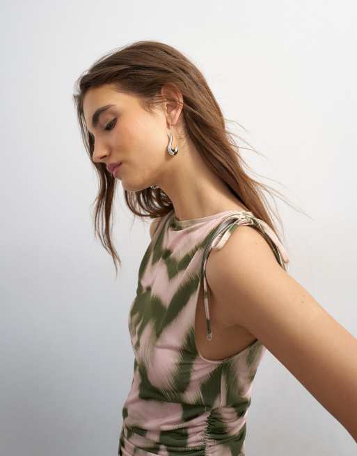 Topshop zebra print microfibre ruched shoulder tank in green, 2 of 4