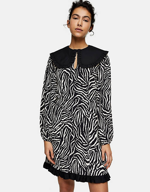 Topshop zebra print oversized collar mini tea dress in monochrome