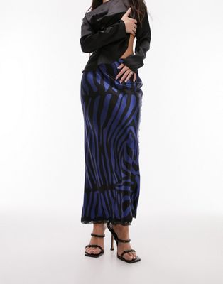 Topshop zebra print satin midi skirt in navy with black lace trim