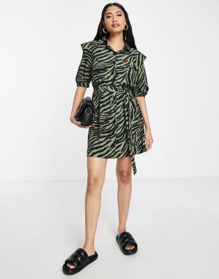 Topshop Zebra Print Shirt Dress In Khaki-green