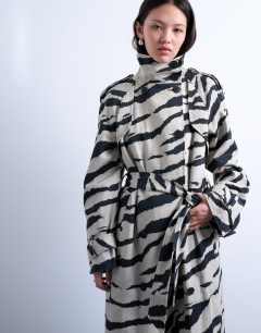 Model wearing Zebra print trench coat in black