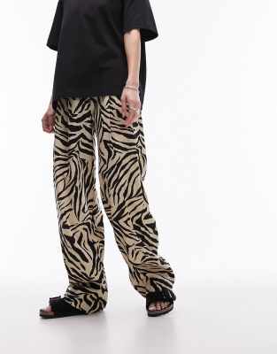 zebra printed wide leg linen pants in monochrome-Multi