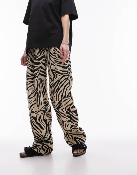 Topshop zebra printed wide leg linen trouser in monochrome
