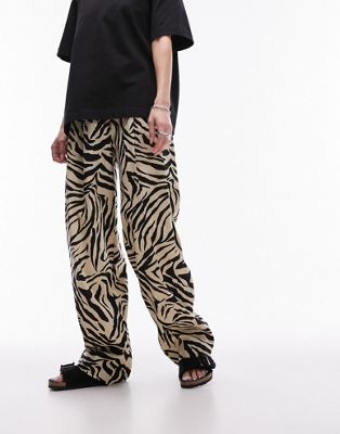 Topshop zebra printed wide leg linen trouser in monochrome-Multi