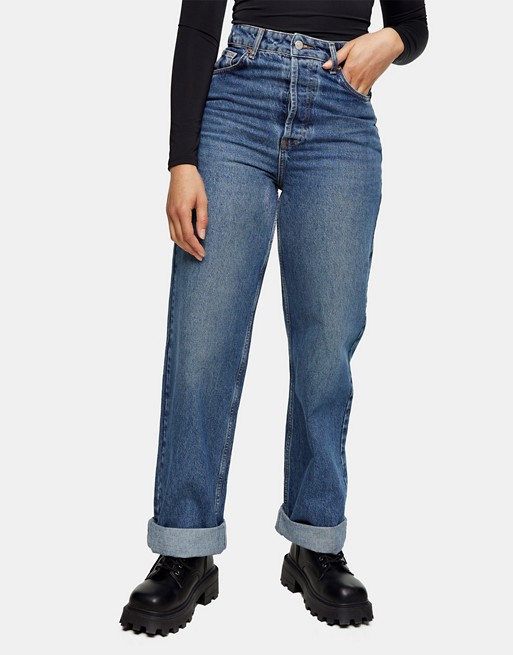 Topshop One oversized mom jeans in mid wash blue