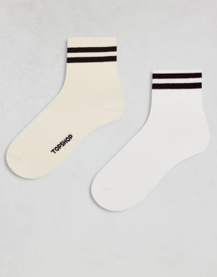 Topshop – Zestaw 2 par jasnożółtych sportowych prążkowanych skarpetek z czekoladowymi i bordowymi paskami - view 1