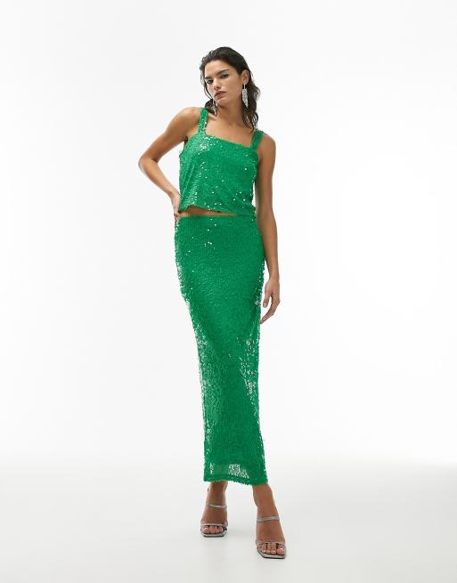 Topshop – Zielona cekinowa spódnica maxi, część zestawu