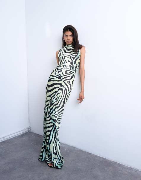 Topshop bias ruched arm hole maxi occasion dress in green zebra